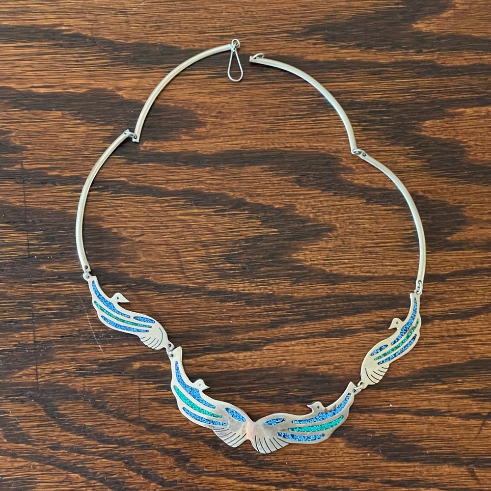 Vintage inlaid turquoise bird necklace from Mexico